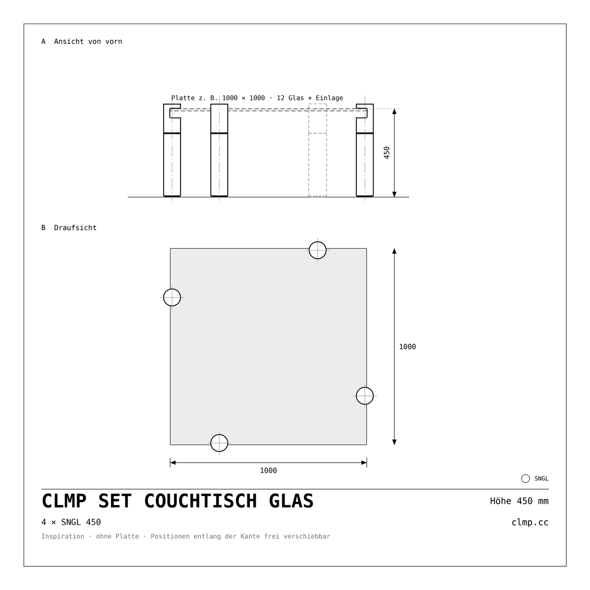 CLMP Set Couchtisch Glas Werkzeichnung